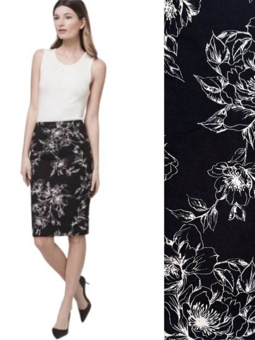 WHBM Sketched Floral-Print Pencil Skirt in Black & White 4